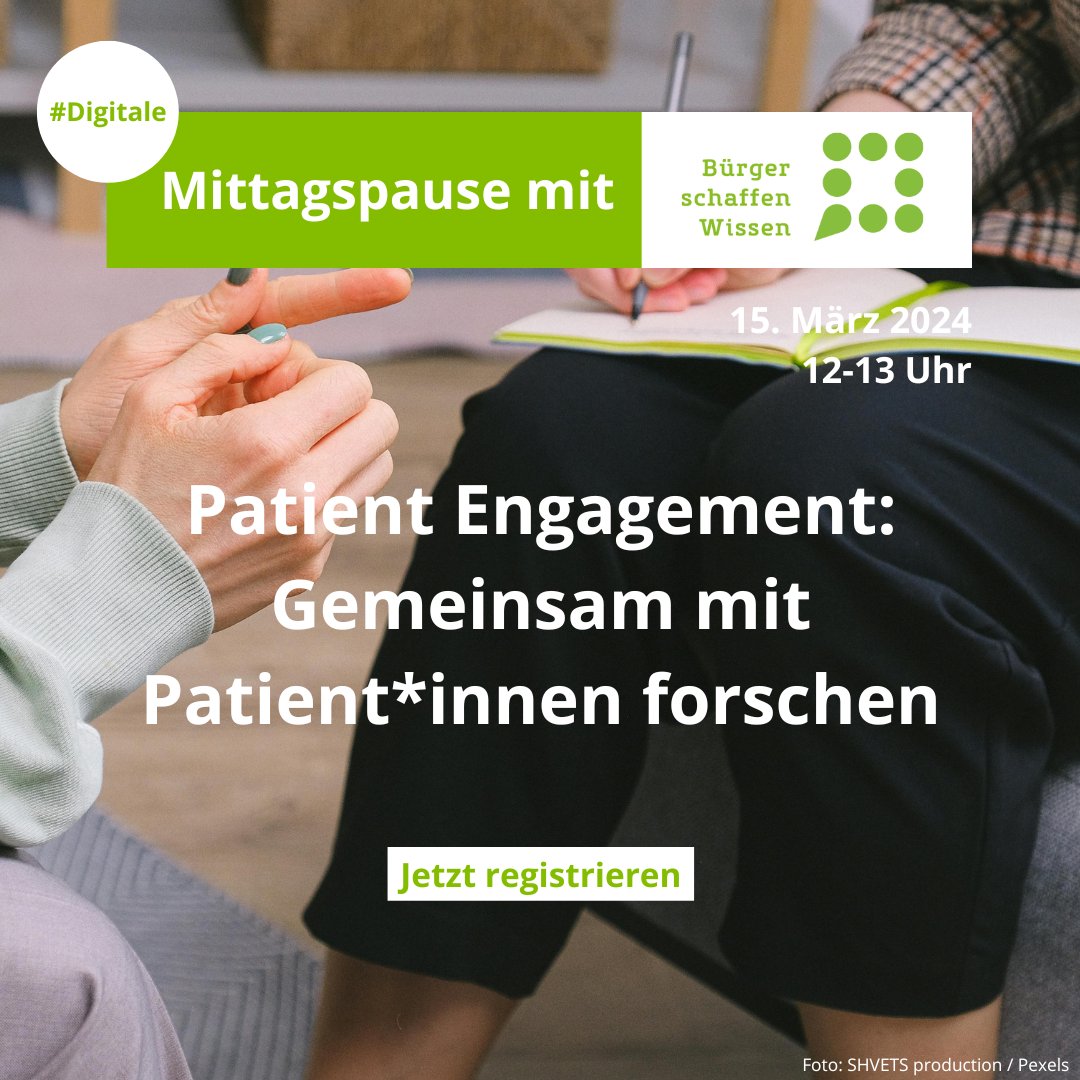 ❓Was genau ist eigentlich #PatientEngagement? Wie transformiert das Konzept den Forschungsprozess? Und was müssen Forschende dabei besonders beachten? 💡Jetzt anmelden für unsere digitale #CSMittagspause mit Sarah Weschke (@berlinnovation) diesen Freitag: buergerschaffenwissen.de/citizen-scienc…