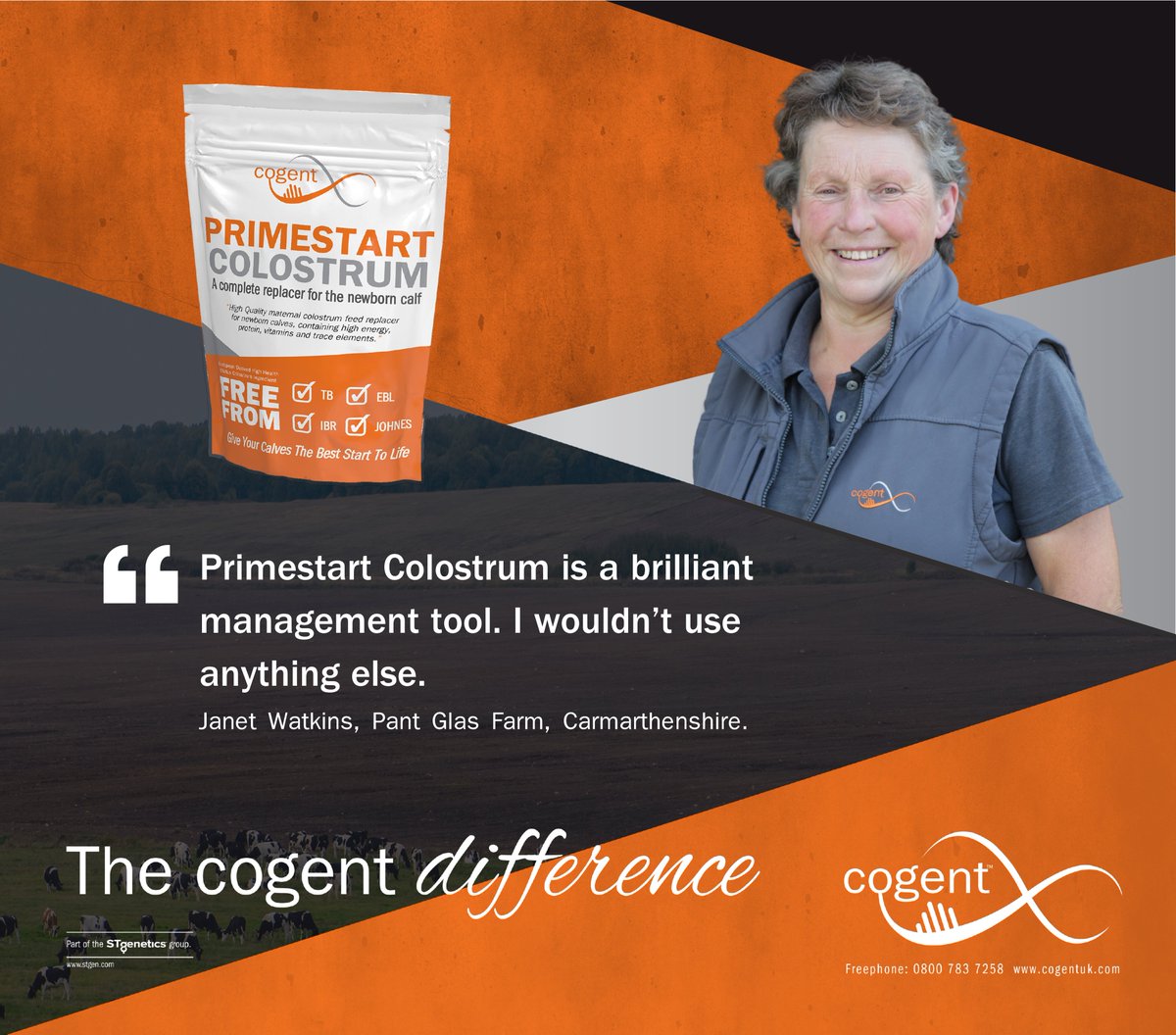 PRIMESTART COLOSTRUM enabled Janet Watkins to bring poor quality colostrum up to standard. With European derived ingredients, free from TB, EBL, IBR & Johnes! Give your calves the best start in life! Contact your local Cogent Genetic Consultant. #Thecogentdifference