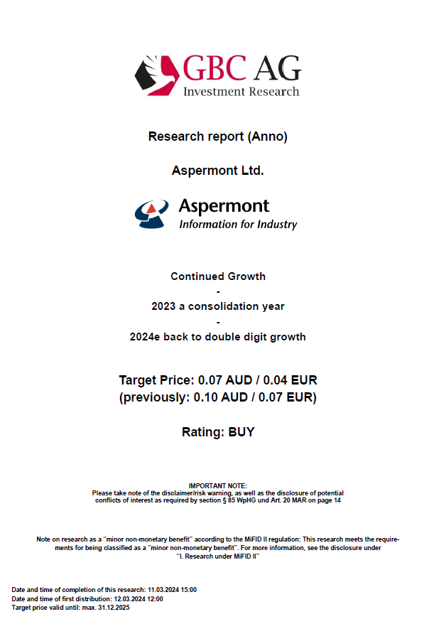 #AspermontLtd. #ResearchAnno englisch Rating: buy target: 0,07 AUD 'Continued Growth' #SmallCaps #Börse #Aktie #Research #Technology t1p.de/i9zk9