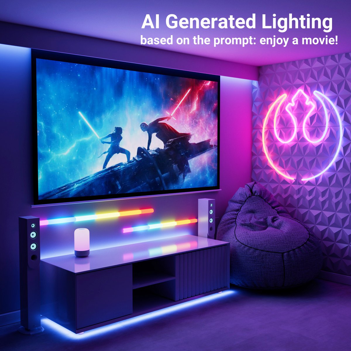 🎬 Just say 'enjoy a movie' to set your own movie night with Lepro AI Generated Lighting!📱 💡 Featuring Lepro N1 neon strip lights, Lepro S1 strip lights, and Lepro WL1 wall lighting.🔆 

#lepro #AIlighting #leproWL1 #WallLights #leproN1 #neonlights #LeproS1 #lightstrips #tech