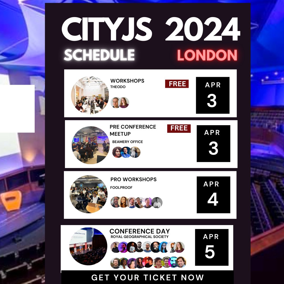 Exciting #CityJSLondon conference! ⭐️ Elevate your skills, connect and find new in #JavaScript ⭐️ 30+ speakers including @hola_alvin @jevakallio @SylwiaVargas @JonthanFielding @Infoxicador ⭐️ 6+ workshops #Typescript, #ReactJS, @svelteJS, @remix_run and a FREE events