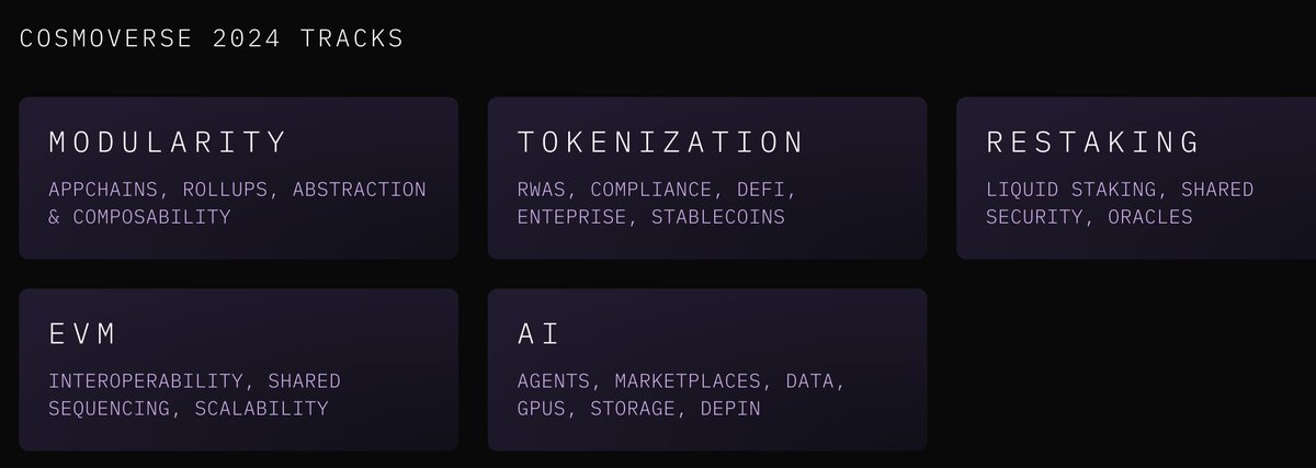 Announcing: Cosmoverse Tracks (Apply Now) ⚛️ Cosmoverse Tracks provide a custom conference experience at the Cosmoverse Event Week in Dubai this October. A Cosmoverse Track is a web3 category - such as Modularity, Tokenization or EVM - that connects projects, speakers,