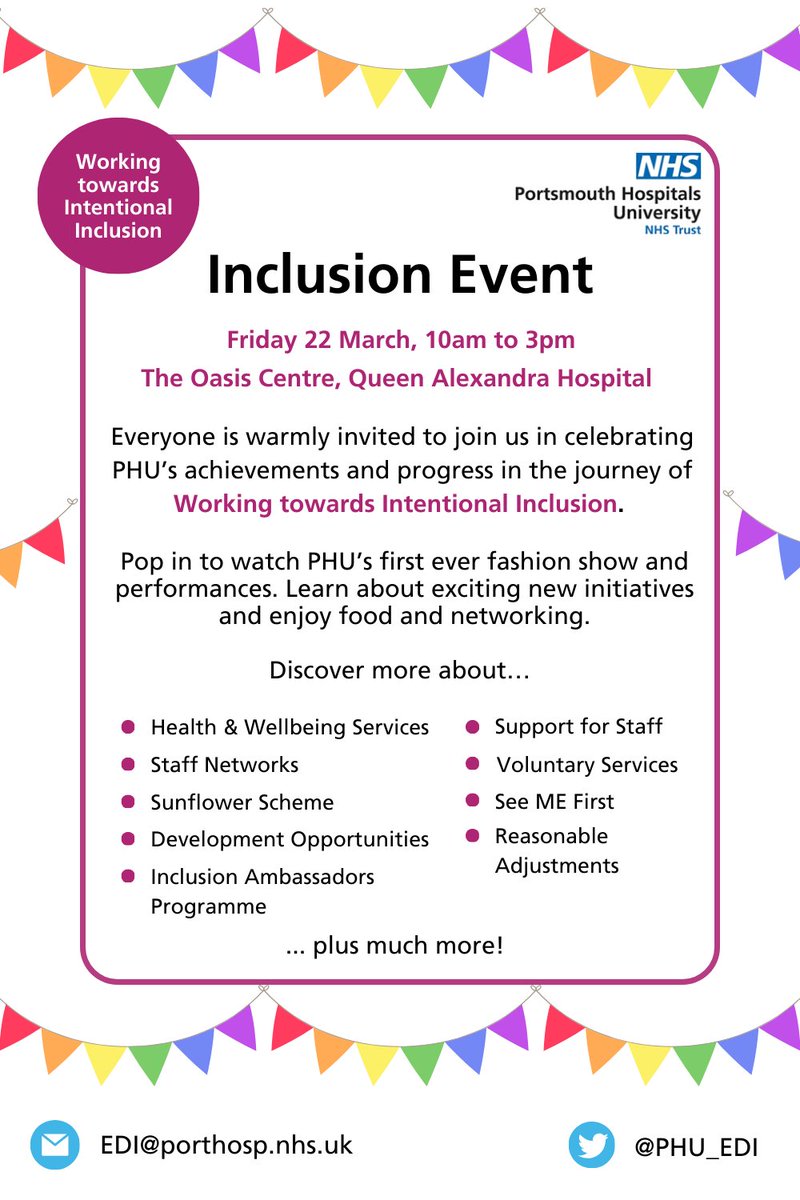 Exciting invitation below!📢 The EDI Team are hosting our first ever celebratory Inclusion Event on Friday 22 March. This is an opportunity to reflect on and celebrate our journey in Working towards Intentional Inclusion. All staff are welcome to join. See you there @PHU_NHS 🥳