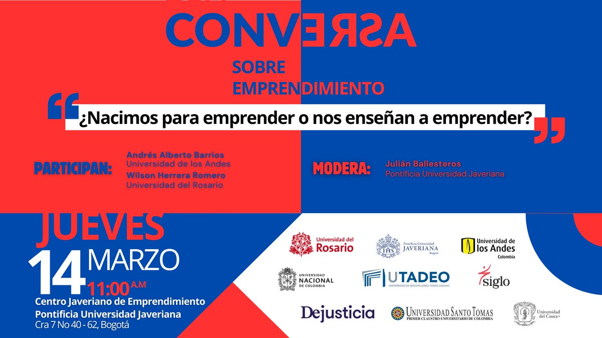 #Agéndate este jueves 14 de marzo y asiste al conversatorio "¿Nacimos para emprender o nos enseñan a emprender?" 

CONVERSA sobre emprendimiento es un evento abierto al público sin inscripción previa 🤩⚡️

📍Centro Javeriano de Emprendimiento
⏰ 11:00 a.m. 

#JaverianaEmprende