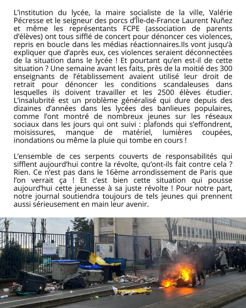 Cause_du_Peuple's tweet photo. 🔴⚡ Val-de-Marne : Soutien aux jeunes révoltés du lycée de Cachan !

Il y a une semaine, les affrontements ont blessé deux membres des forces de répression. Malheureusement, plusieurs jeunes ont été arrêtés à la suite de la protestation.

https://t.co/bOgWXZMzoN https://t.co/sfBFjrXKbv
