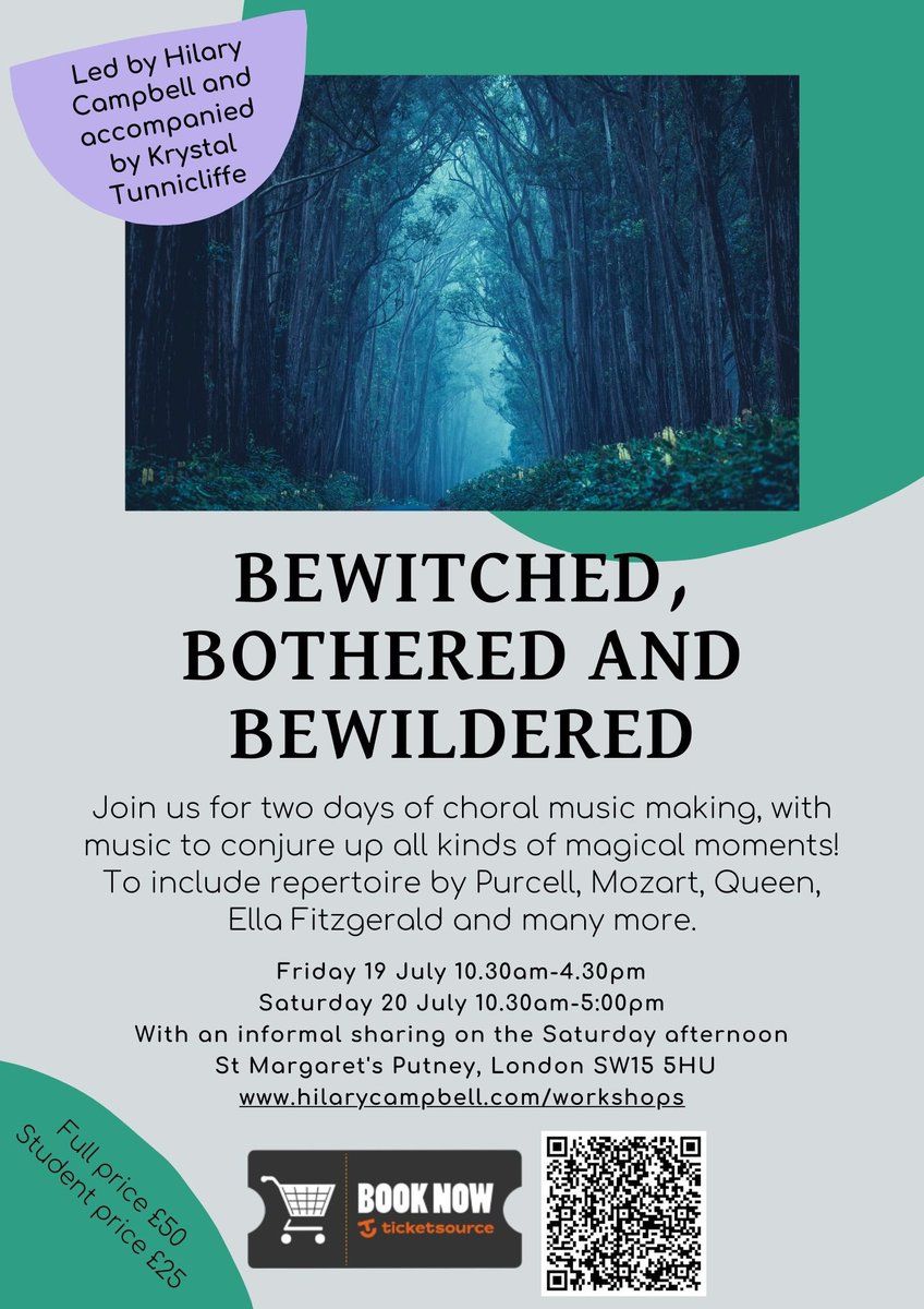 Join @HilaryJCampbell and @K_Tunnicliffe 19 and 20 July for Bewitched, Bothered and Bewildered : two days of choral magic ! More details here : hilarycampbell.com/workshops Sign up here : ticketsource.co.uk/whats-on/putne…