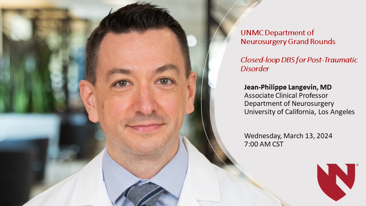 Don’t forget to join us tomorrow, March 13th at 7AM CST, as we welcome Dr. Jean-Philippe Langevin from @UCLANsgy as our guest speaker for @UNMC #Neurosurgery Grand Rounds! Please email kdevney@unmc.edu for a Zoom link to attend! @UNMCCOM @NebraskaMed #MedTwitter