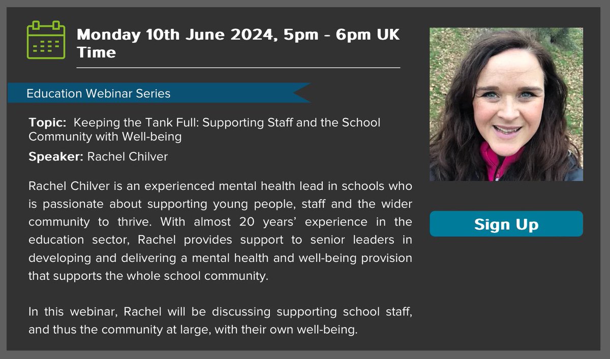 @Andylowarousal @ToriNunn10 @Shahana_tpc Monday 10th June 2024, 5pm - 6pm UK Time Part of the Education Webinar Series Topic:  Keeping the Tank Full: Supporting Staff and the School Community with Well-being Delivered by the brilliant @Rachelchilver Sign up here - studio3.org/free-webinars 5/5