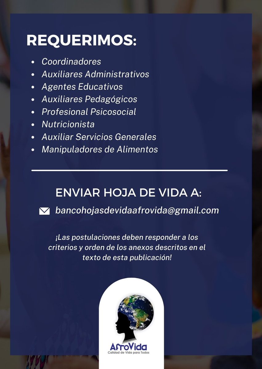 FUNAFROVIDA's tweet photo. #Convocatoria | Fundación AfroVida ‘Calidad de vida para todos’, convoca a personas interesadas en acompañar el programa de Centros de Desarrollo Infantil -modalidad institucional- para la atención de niños y niñas en los municipios: Nechí, El Bagre, Tarazá, Zaragoza y Cáceres. https://t.co/VdOa8YB091