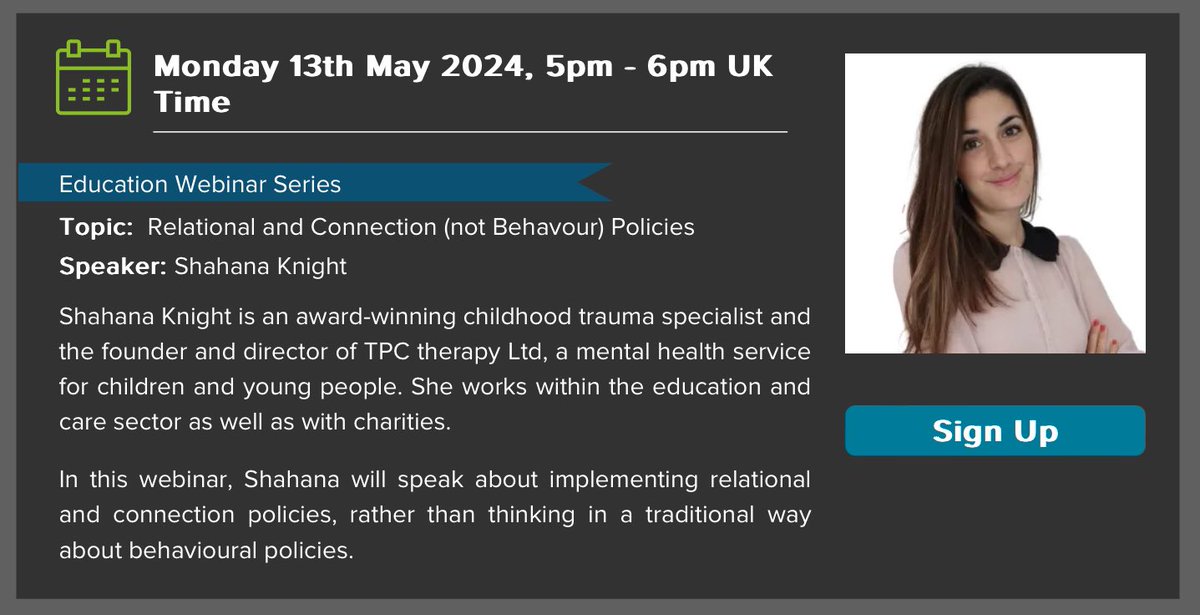 @Andylowarousal @ToriNunn10 Monday 13th May 2024, 5pm - 6pm UK Time Part of the Education Webinar Series Topic:  Relational and Connection (not Behavour) Policies Delivered by the fantastic @Shahana_tpc Sign up here - studio3.org/free-webinars 4/5