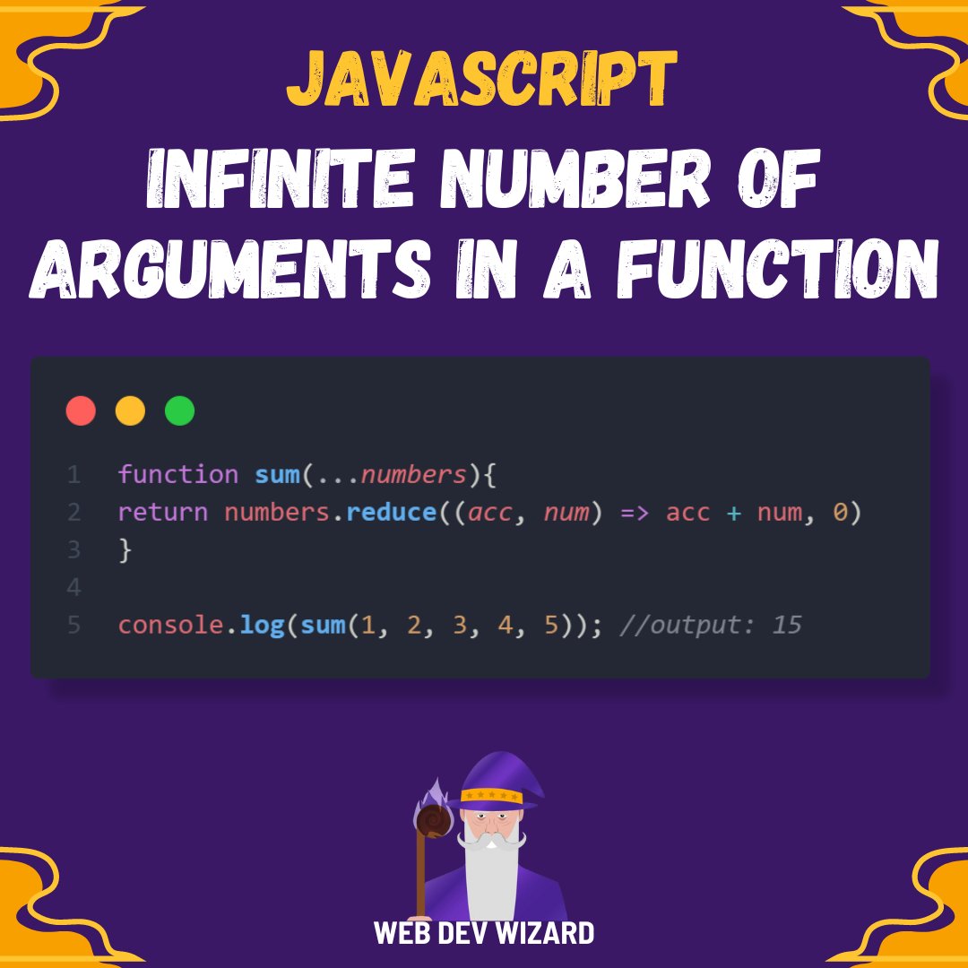 WebDevWizard0's tweet image. JavaScript Tip🔥
Create a JavaScript function that accepts an infinite number of arguments with the "rest parameter" 🚀