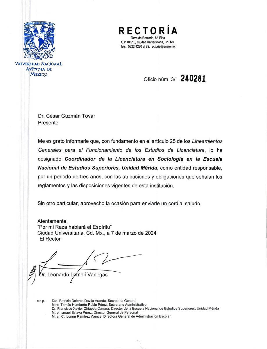 cgt003's tweet photo. Acabo de recibir la noticia más bonita: la formalización de mi nombramiento como coordinador de la carrera de Sociología en la @ENES_Merida de la UNAM. Es otro sueño cumplido que honraré con entusiasmo y pasión. https://t.co/mt3MloY0jo