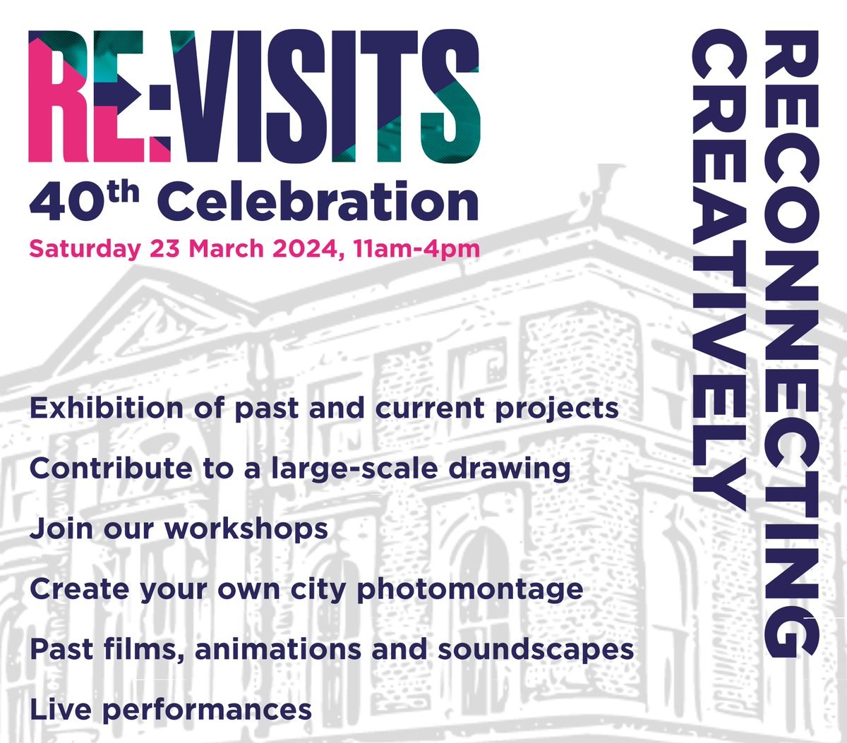 Don't miss our 40th anniversary celebration! Sat 23 March 2024, Drop in 11am-4pm Exhibition Fun family activities Past films, animations and soundscapes Live performances FREE North Tyneside Business Centre, 54a Saville St, North Shields, NE30 1NT helixarts.com/work/revisits/