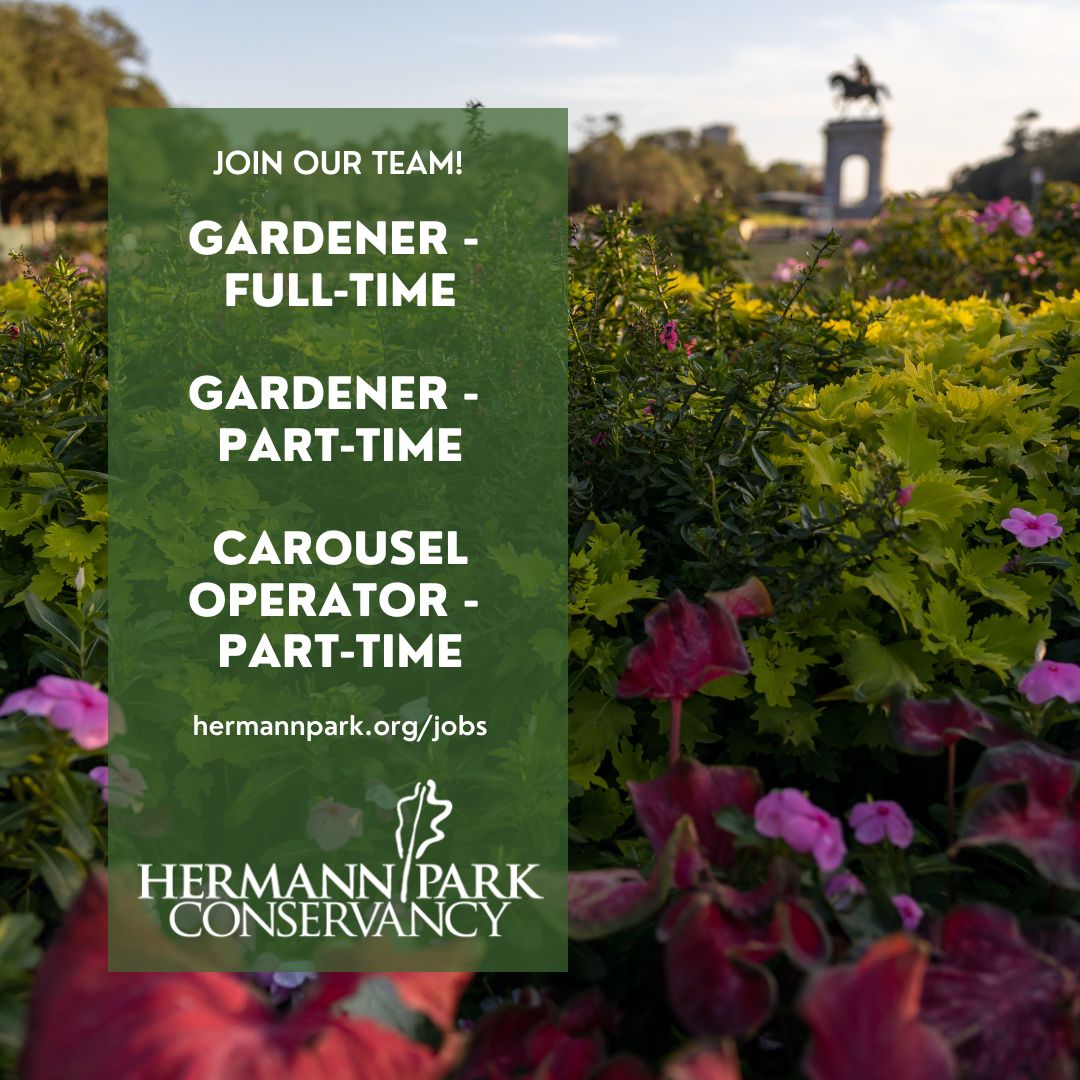 We are adding to our team in Hermann Park! 🌳 These positions as Gardeners and Carousel Operator will have responsibilities in the newest Park destination—the Commons. If interested in pursuing impactful work out in nature, go to hermannpark.org/jobs to learn more.