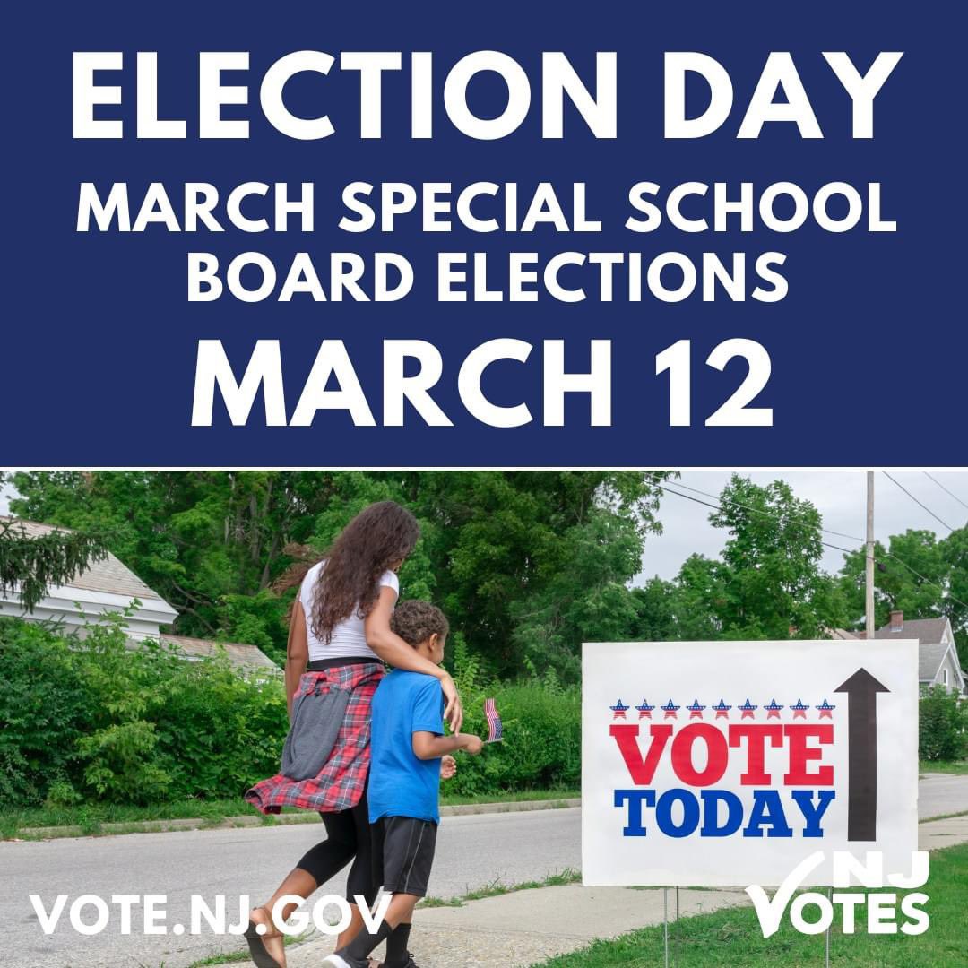 Happy Election Day to those participating in the March Special School Board Elections. You can return your mail-in ballot by mail, to your county’s Board of Elections Office or an authorized Ballot Drop Box location by 8PM. #NJVotes #ElectionDay