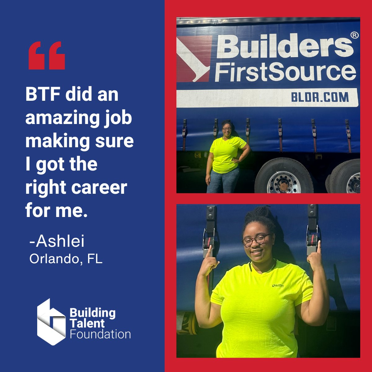 From Unemployed to Service Coordinator: With Building Talent Foundation <a href="/webuildtalent/">Building Talent Foundation</a> &amp; hubs.la/Q02nMsh70's help, Ashlei found success in the construction industry. Now thriving at @BLDRFirstSource, Ashlei is grateful for the growth &amp; endless possibilities ahead.