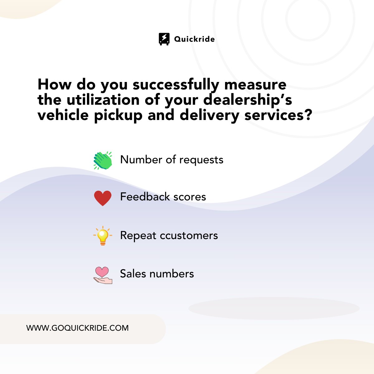 go_quickride's tweet image. 🚗💡 #Quickreaction: Measuring your dealership's pickup &amp;amp; delivery service utilization is more puzzle 🧩 than protocol. It's about efficiency AND customer satisfaction.

Dealership folks 🛠️, how do you track success? Vote 🗳️ or share your metrics! #DrivingChange #AutoInsights