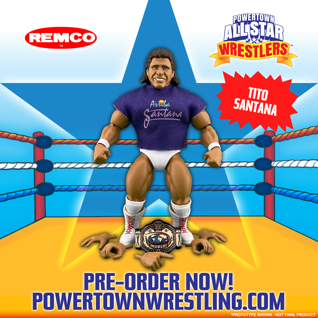 Pre-orders are now OPEN at powertownwrestling.com for Remco PowerTown AllStar Wrestlers Series 1!
Check out Tito Santana featuring his softgoods t-shirt, interchangeable hands, and championship belt!
#powertownwrestling #IcollectPowerTown 
#RemcoReturns #AllStarWrestlers