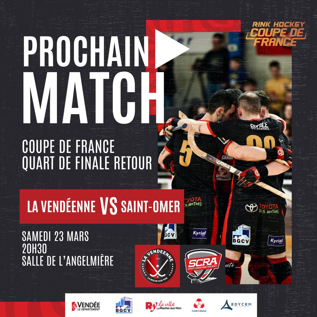 Match retour à l'Angelmière avec la possibilité d'une qualification en demie finales face au SCRA Saint-Omer 👊

Après un match nul 6-6 à l'aller, notre équipe aura à cœur de gagner face à son public ! ⚔
Début de la rencontre à 20H30 🕣

𝗔𝗟𝗟𝗘𝗭 𝗟𝗔 𝗩𝗘𝗡𝗗𝗘𝗘𝗡𝗡𝗘 🔴⚫
