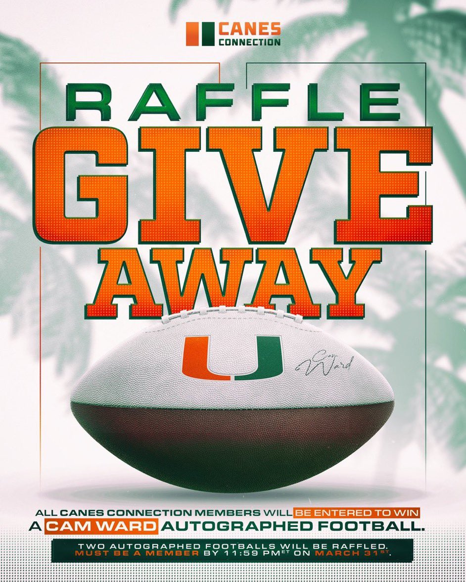 𝐖𝐈𝐍 𝐀 𝐂𝐀𝐌 𝐖𝐀𝐑𝐃 𝐒𝐈𝐆𝐍𝐄𝐃 𝐅𝐎𝐎𝐓𝐁𝐀𝐋𝐋 👀

All Canes Connection members will be entered to win an autographed football by Cam Ward 🙌

-Two autographed footballs will be raffled
-Must be a member by 11:59 p.m. ET on March 31st

Canesconnection.com/memberships