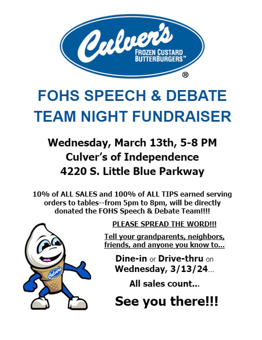 Please join us tomorrow from 5-8 at Culver's in Independence for our team night fundraiser... Thanks for your support!