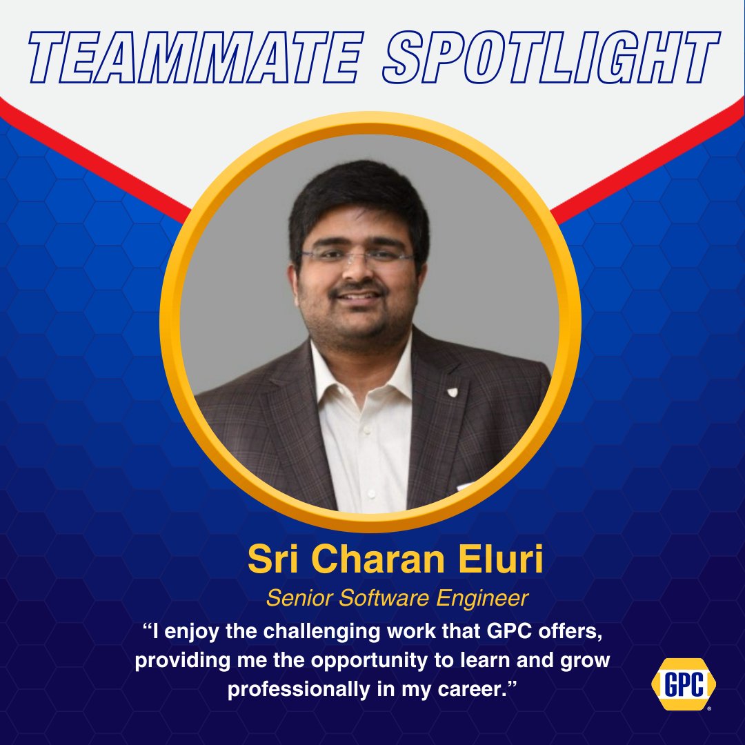 Sri began his career in computer science as a support engineer and is now a senior software engineer at GPC. In less than two years, he's made a significant impact by simplifying @theNAPAnetwork’s PROLink platform, making it easier for customers to order parts in real time.