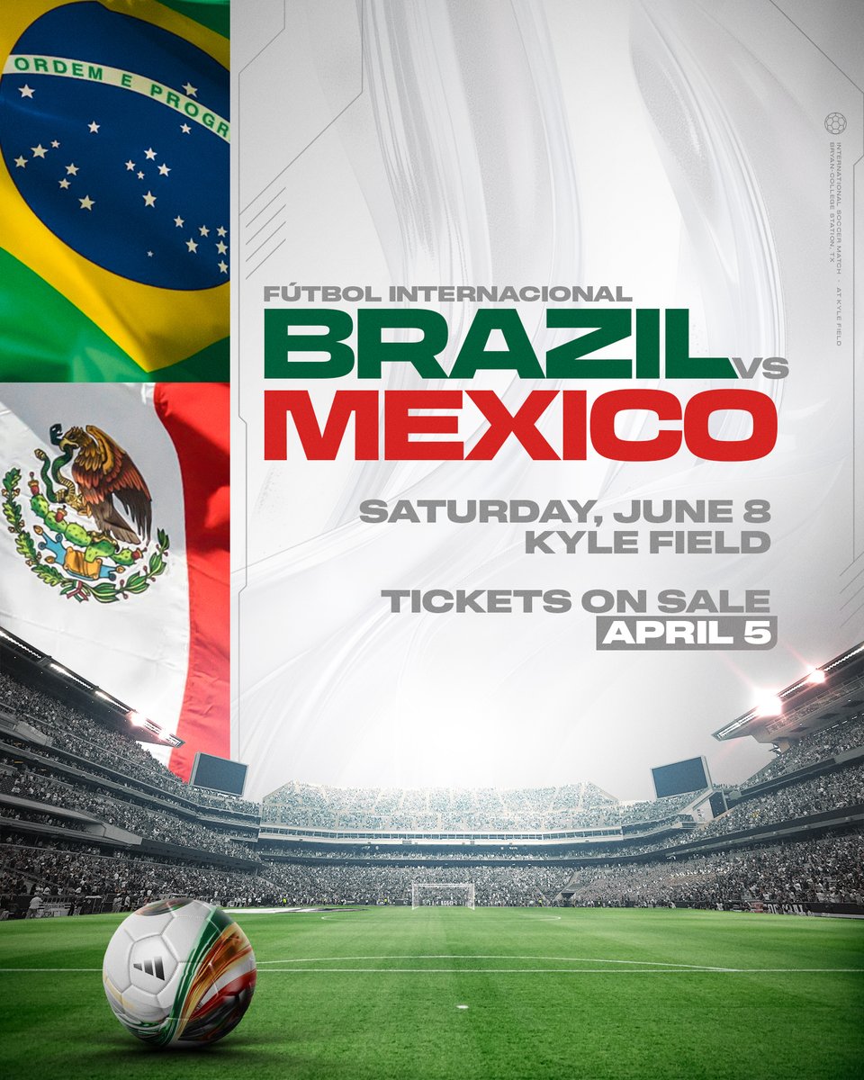 NEWS | Two global ⚽️ powerhouses are set to face off in Aggieland this summer!

Kyle Field will be the host for an international friendly between between Brazil and Mexico on June 8! 

🔗 aggi.es/3wK4Zhi | #GigEm