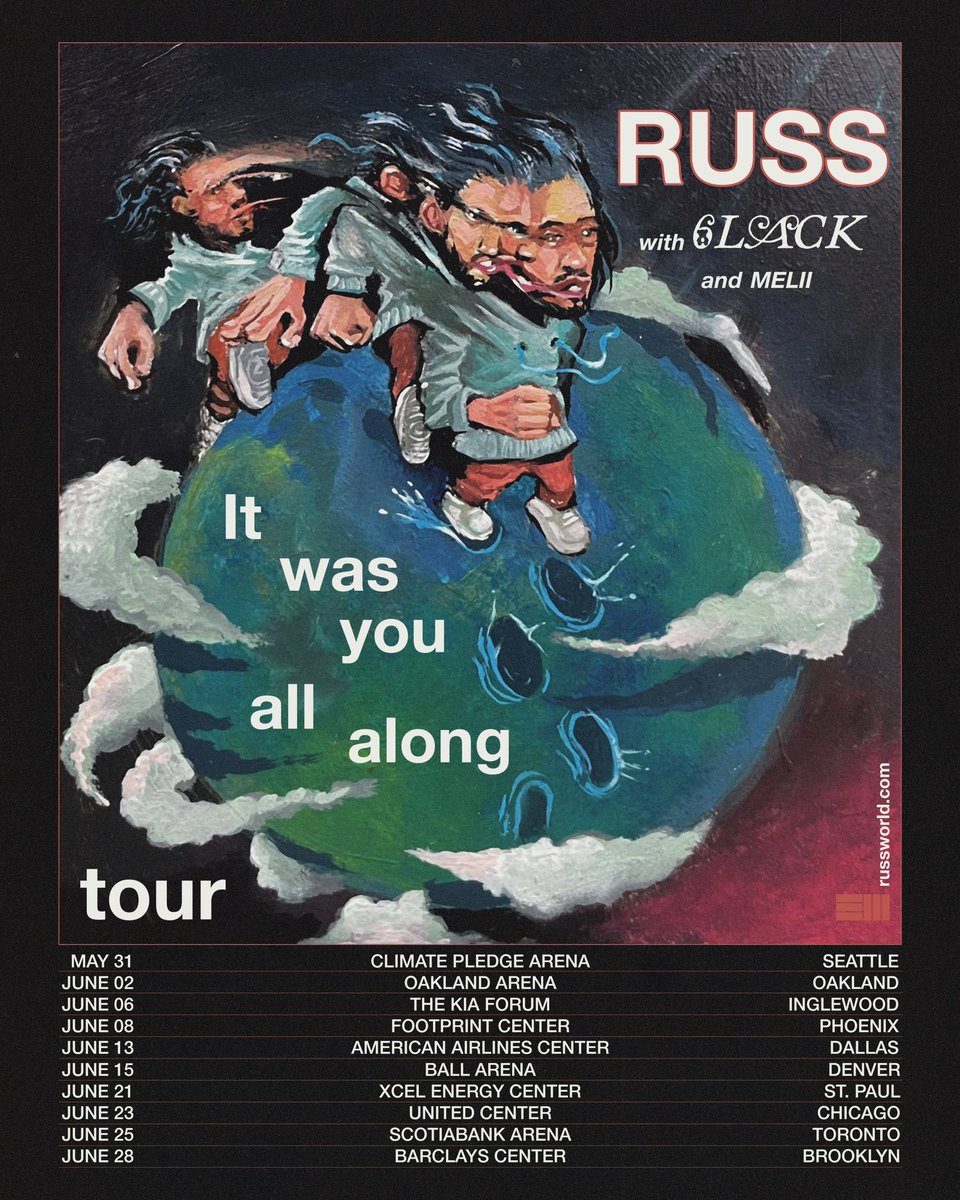 IT WAS YOU ALL ALONG TOUR with @6LACK & @Melii Bringing @Stringsfrmparis too so prepare for a couple live orchestra songs 👀👀👀👀👀 Tickets on sale now for russworld members only. Live Nation & Spotify presale starts tomorrow. On sale to EVERYONE on Friday.