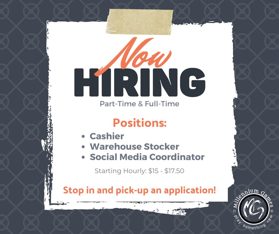 NOW HIRING! Stop in and pick up an application today!

#millenniumgames #playsomethingnew #thelargestgamestoreinthecountry #rochesterny #roc #nowhiring #jobs #vacancy #rit #localgamestore #lgs #hiring #careers #hiringnow #recruiting