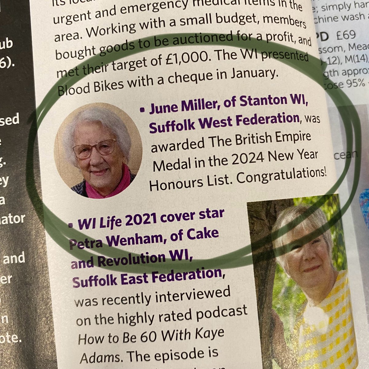 This month's WI Life stars our very own June Miller of Stanton WI 🥳 who was awarded The British Empire Medal in the 2024 New Year Honours List for 50 years of service on @CouncilStanton Congratulations June 💚