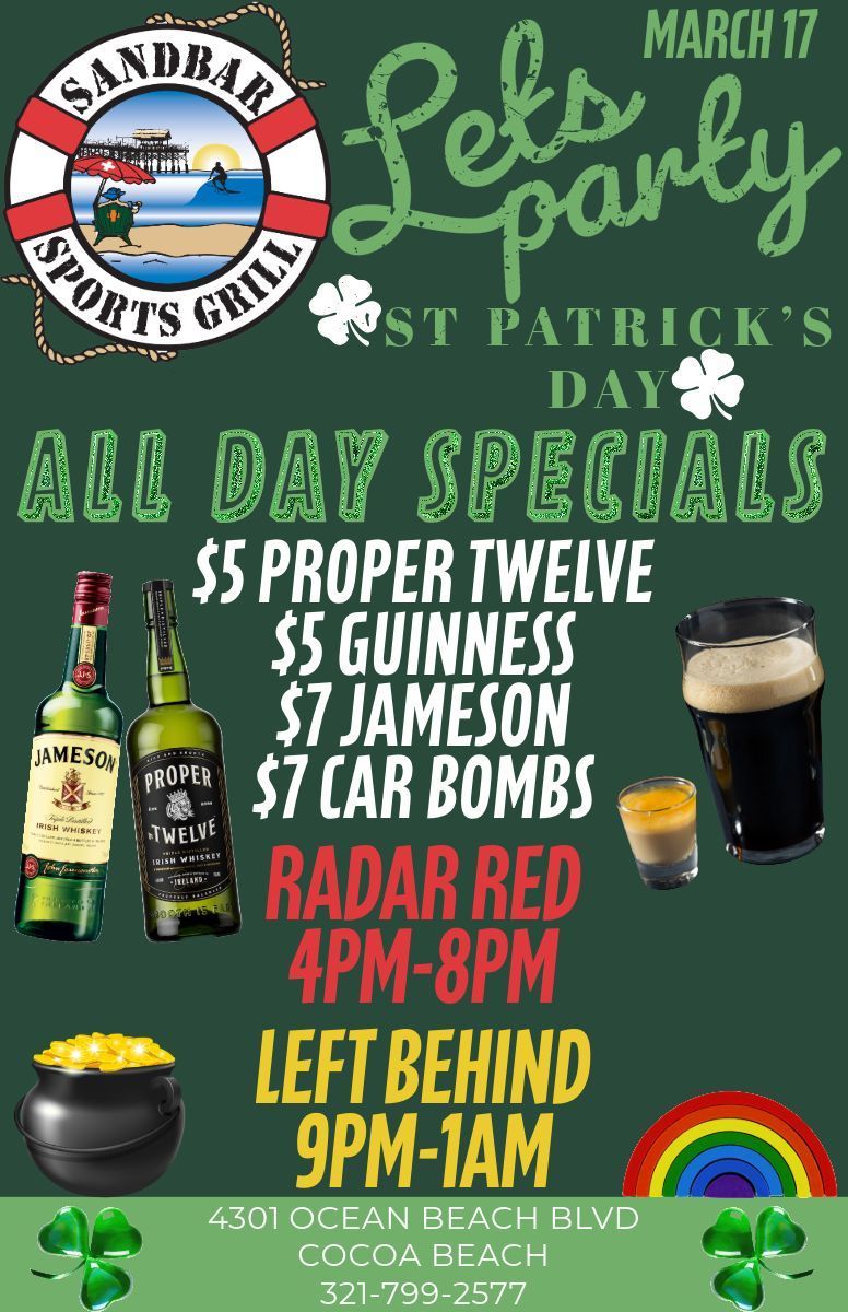 🍀We're goin' green Sunday!

We'll have all day drink specials plus RADAR RED 4-8 and Left Behind Band 9-1 #NoBagpipesJustFun #cocoabeach #capecanaveral

buff.ly/4a8obUw