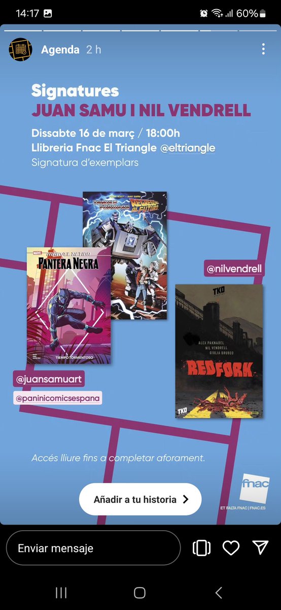 Juansamuart's tweet photo. El proper dissabte 16 a les 18:00h estarem a @Fnac_Libros signant "Pantera Negra" i "Transformers Regreso al Futuro" amb el @nilvendrell i el "Redfork".
Passeu, passeu!
-
Sábado 16 a las 18.00h sesión de firmas en #fnactriangle de un servidor y @nilvendrell
See you #diadelcomic https://t.co/yEvdc13LMT