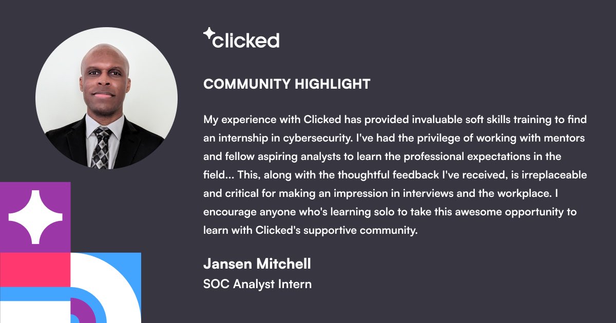 🎉 Big congrats to Jansen! From self-taught to SOC Analyst intern, thanks to @ClickedCo's vibrant community. 🌐 🚀 A testament to the power of learning communities! #Cybersecurity #SuccessStory #LearnWithClicked #ibmskillsbuild