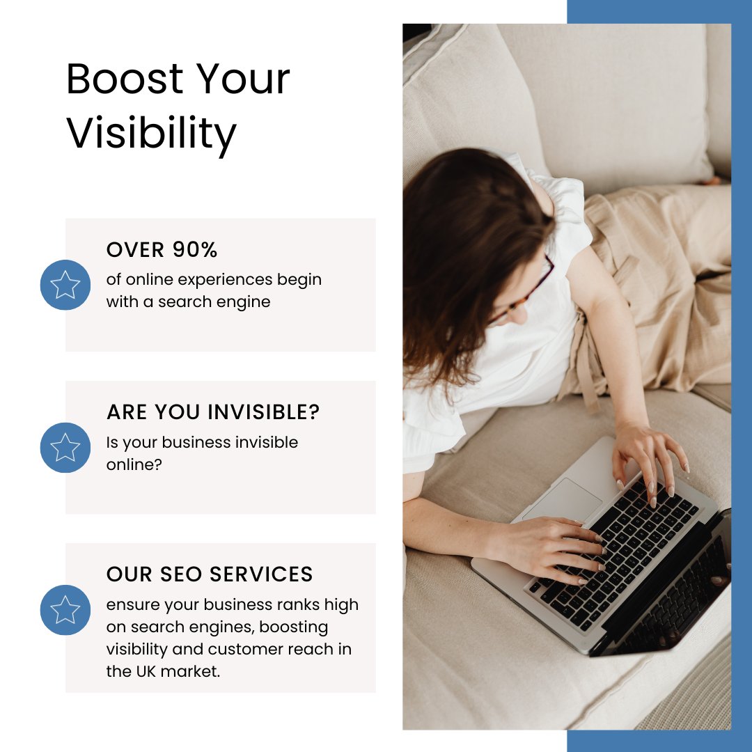 🌟 Over 90% of online experiences begin with a search engine. 
🎯 Is your business invisible online?
🔍 Our SEO services ensure your business ranks high on search engines, boosting visibility and customer reach in the UK market. 

#SEOVisibility #UKBusinessGrowth