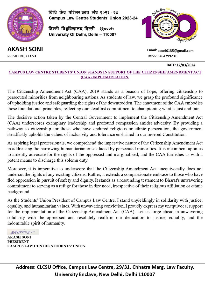 akash_soni1111's tweet image. Campus Law Centre, University of Delhi Students’ Union Extends Warm Welcome to Central Government&apos;s Decision to Implement CAA
@clcdu @UnivofDelhi 
@DUSUofficial @narendramodi 
@AmitShahOffice @LawstreetJ @barandbench @iAshutoshdu @ABVPDelhi 
#CAARules #CAAImplementation