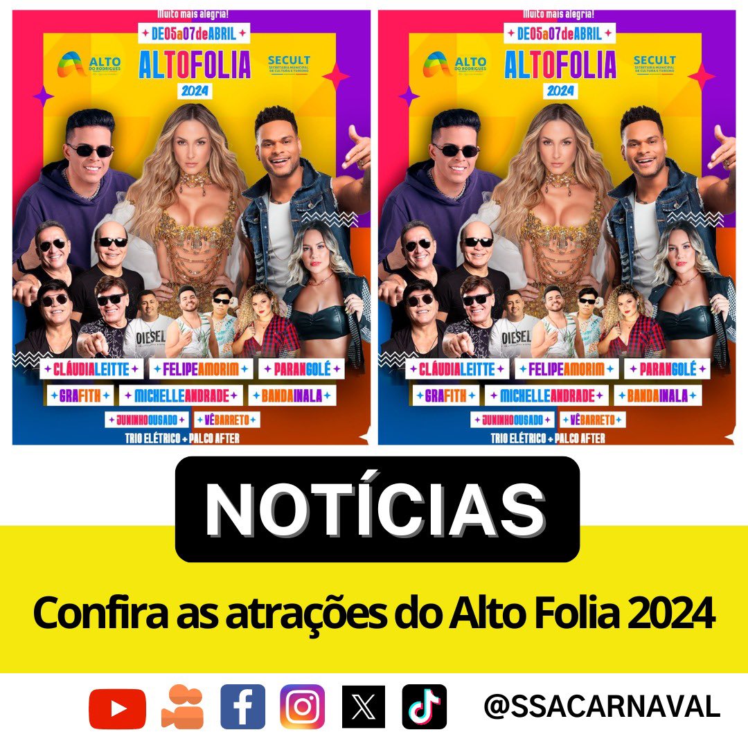 ssacarnaval's tweet photo. O evento #AltoFolia 2024 acontece entre os dias 5, 6 e 7 de abril, na festa dos 61 anos de emancipação política do município do de Alto do Rodrigues.
- DIA 5: Juninho Ousado, #FelipeAmorim, #Parangolé e Inala;
- DIA 6: #ClaudiaLeitte, Michelle e Vê Barreto;
- DIA 7: #Grafith https://t.co/FvQLdFRXxb