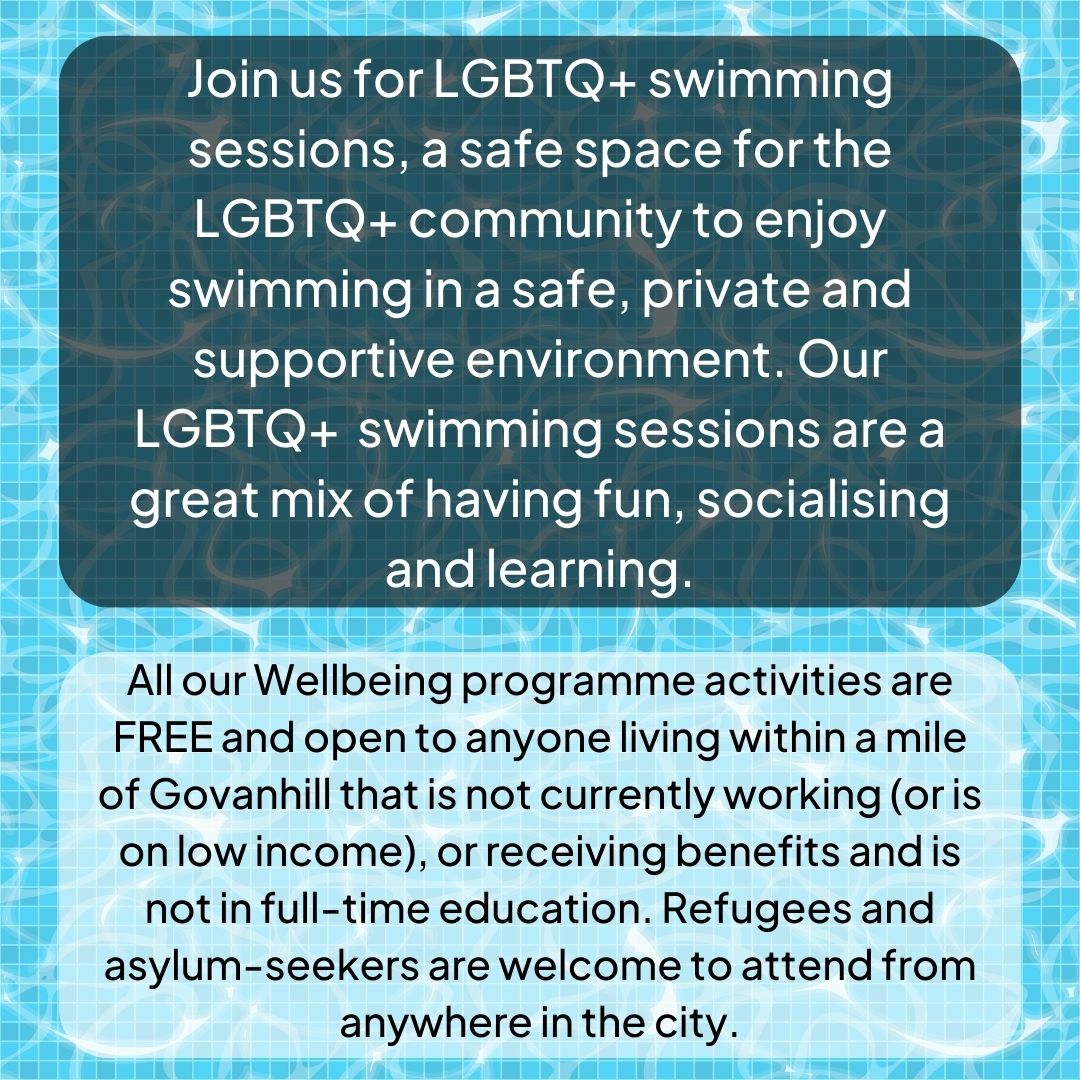 Our LGBTQ+ swimming sessions are a great mix of having fun, socialising and learning.

When: Tuesdays19 March - 7 May, 5:00 - 6:15pm (excluding Easter break)
Where: Holyrood Secondary School 

For more info and to book click the link: shorturl.at/dlorP