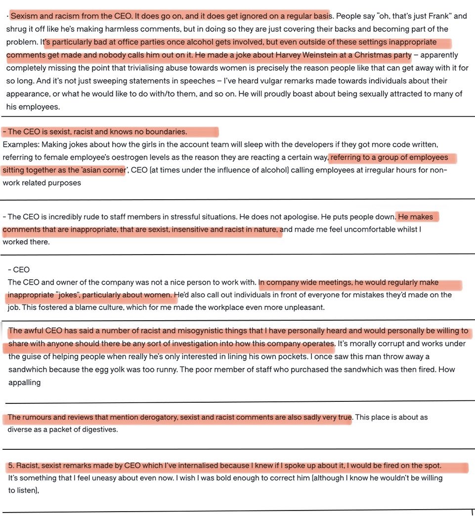 Here's just a small selection of clips from the huge number of negative Glassdoor reviews made by employees and former employees of Conservative donor Frank Hester's company TPP. As of now Downing Street is still refusing to label Hester's comments about Diane Abbott as racist.