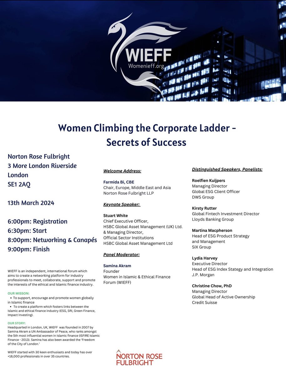 WIEFF (@ethicalforum) on Twitter photo We are truly honoured our distinguished speakers, panellists for our #IWD2024 event <a href="/NLawGrad/">NortonRoseFulbright</a> include senior female bankers from: <a href="/jpmorgan/">J.P. Morgan</a>, <a href="/CreditSuisse/">Credit Suisse</a>, <a href="/sixgroup/">SIX</a> <a href="/DWS_Group/">DWS Group</a>, <a href="/LloydsBank/">Lloyds</a>
#banking #womeninbanking #womenempoweringwomen
#secretsofsuccess #inspiration 🙌🏻👏🏻 We are truly honoured our distinguished speakers, panellists for our #IWD2024 event <a href="/NLawGrad/">NortonRoseFulbright</a> include senior female bankers from: <a href="/jpmorgan/">J.P. Morgan</a>, <a href="/CreditSuisse/">Credit Suisse</a>, <a href="/sixgroup/">SIX</a> <a href="/DWS_Group/">DWS Group</a>, <a href="/LloydsBank/">Lloyds</a>
#banking #womeninbanking #womenempoweringwomen
#secretsofsuccess #inspiration 🙌🏻👏🏻