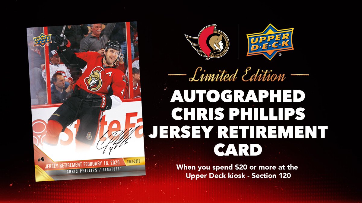 Senators's tweet photo. 👀 Introducing another limited edition Jersey Retirement card: Chris Phillips ‼️🚨 

Only available to the first 500 fans that spend $20 at the 
@UpperDeckSports store at @CdnTireCtr while quantities last! 

Don't miss out!

#GoSensGo https://t.co/KX36G1TfD8
