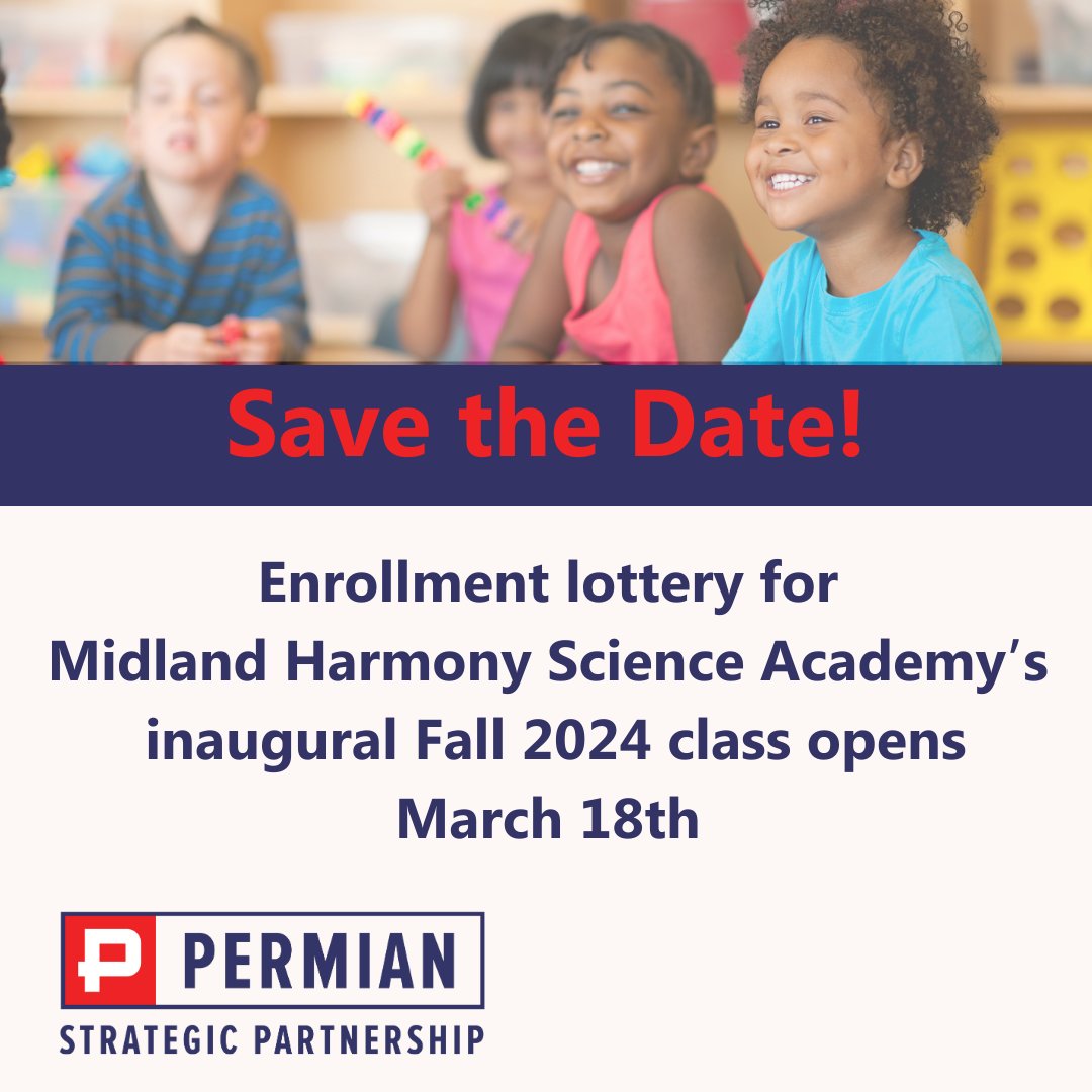 Save the date! Midland Harmony Science Academy lottery draw for Fall 2024 begins on March 18. This high-quality STEM-based school system will initially enroll 200 elementary students and expand to 1,500 students over the next decade. Learn more: ow.ly/jjoN50QNPpP