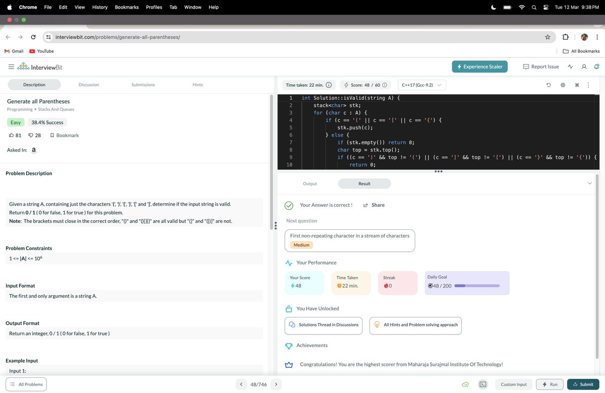 _lipika's tweet photo. Hello!  
Just completed #Day71 of #365DaysofCode Challenge with @scaler_official
Today's Question👩‍💻: Generate all Parentheses             
Join Scaler Discord community: https://t.co/d25QTFPrPp 
#scalerdiscordcommunity 
#codewithscaler 
#365daysofcodescaler https://t.co/aXwAuVwLcm