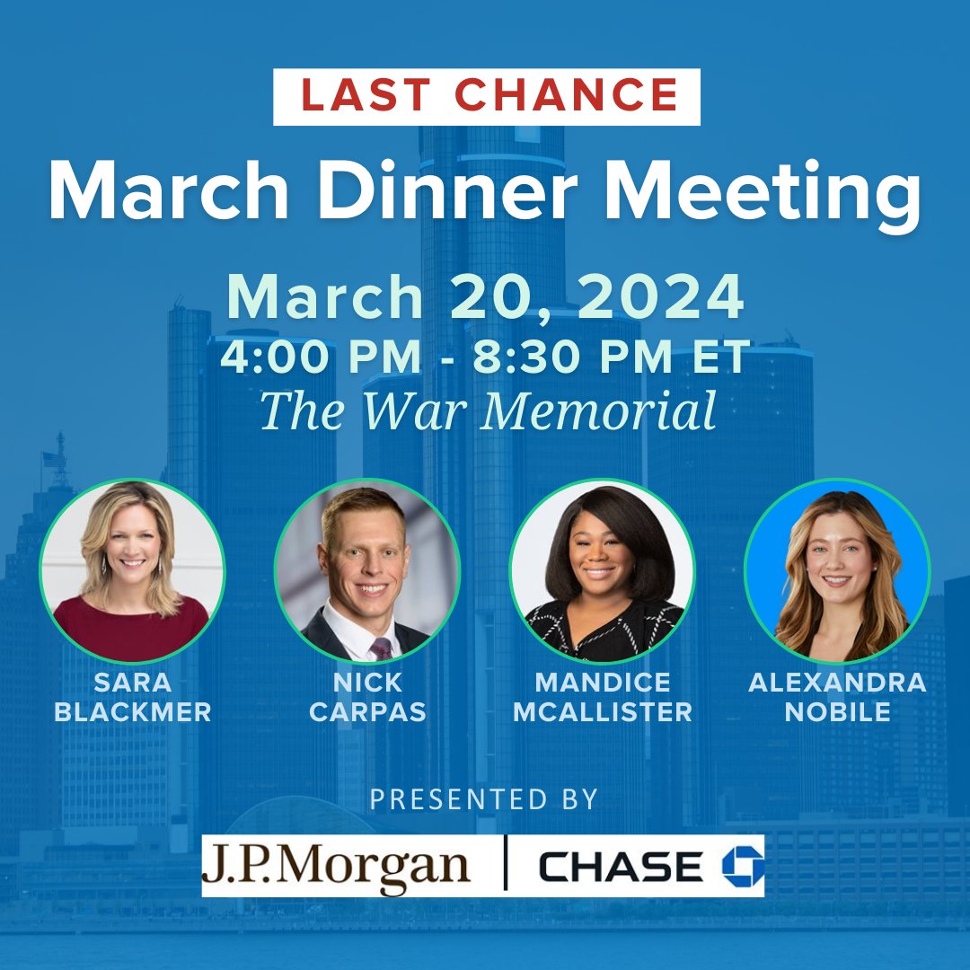 Have you registered? Join FEI Detroit on March 20 for our March Dinner Meeting at The War Memorial, hosted by Platinum Strategic Partner, JPMorgan Chase &amp; Co.! Featuring Sara Blackmer, Senior Partner, Solyco Capital. Last day to register is TOMORROW: bit.ly/3QTpQ8m