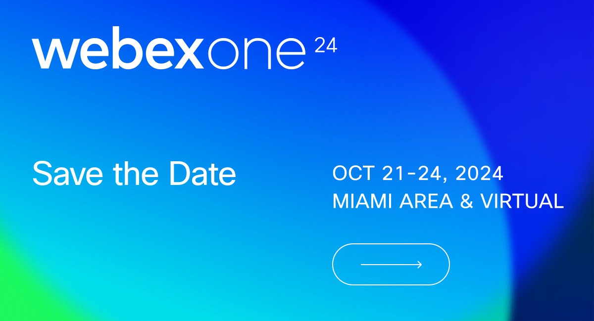 🗣️ #WebexOne 2024 is coming! Jam packed with the biggest names in #AI and even bigger announcements. You do not want to miss it. Mark your calendar now for October 21-24, 2024 ⬇️ cs.co/6015kyncd