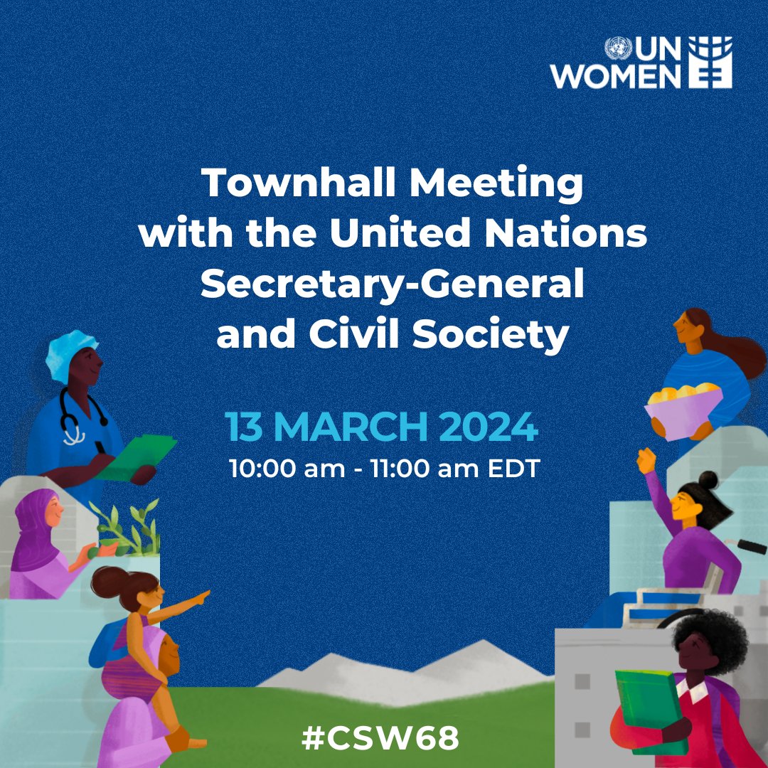 This Wednesday, join the <a href="/UN/">United Nations</a> Secretary-General <a href="/antonioguterres/">António Guterres</a> and <a href="/unwomenchief/">Sima Bahous</a> Sima Bahous for the annual #SGTownhall event with civil society.

🗓️  Wed 13 March 🕙 10–11 AM EDT
📺 Livestream: unwo.men/ZZKb50QRoGm

#CSW68 #InvestInWomen