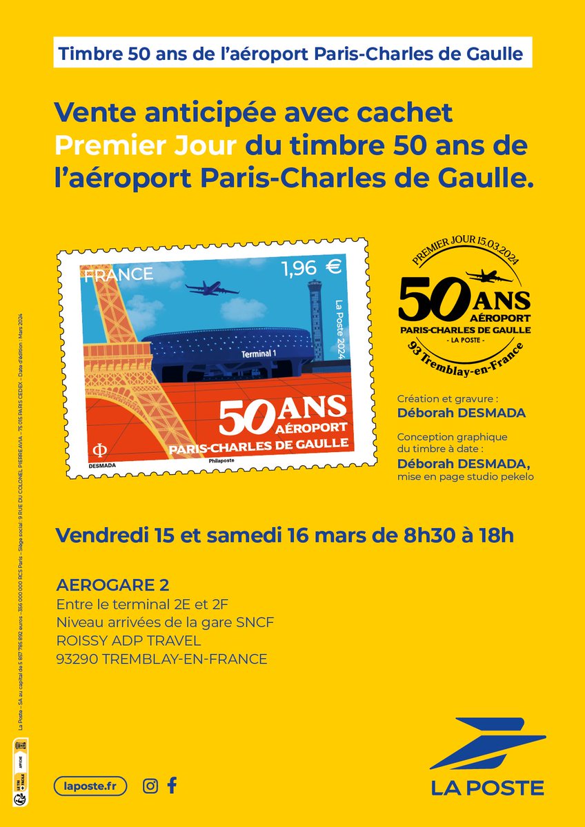 ✉️ 50 ans, cela valait bien un timbre ! C'est chose faite avec cette édition inédite de @toutsurletimbre #LaPoste qui met en lumière le terminal 1 de Paris-#CDG à l'occasion de son anniversaire. Vente en avant-première à l'aéroport les 15 et 16 mars. ⬇️ #50ansCDG