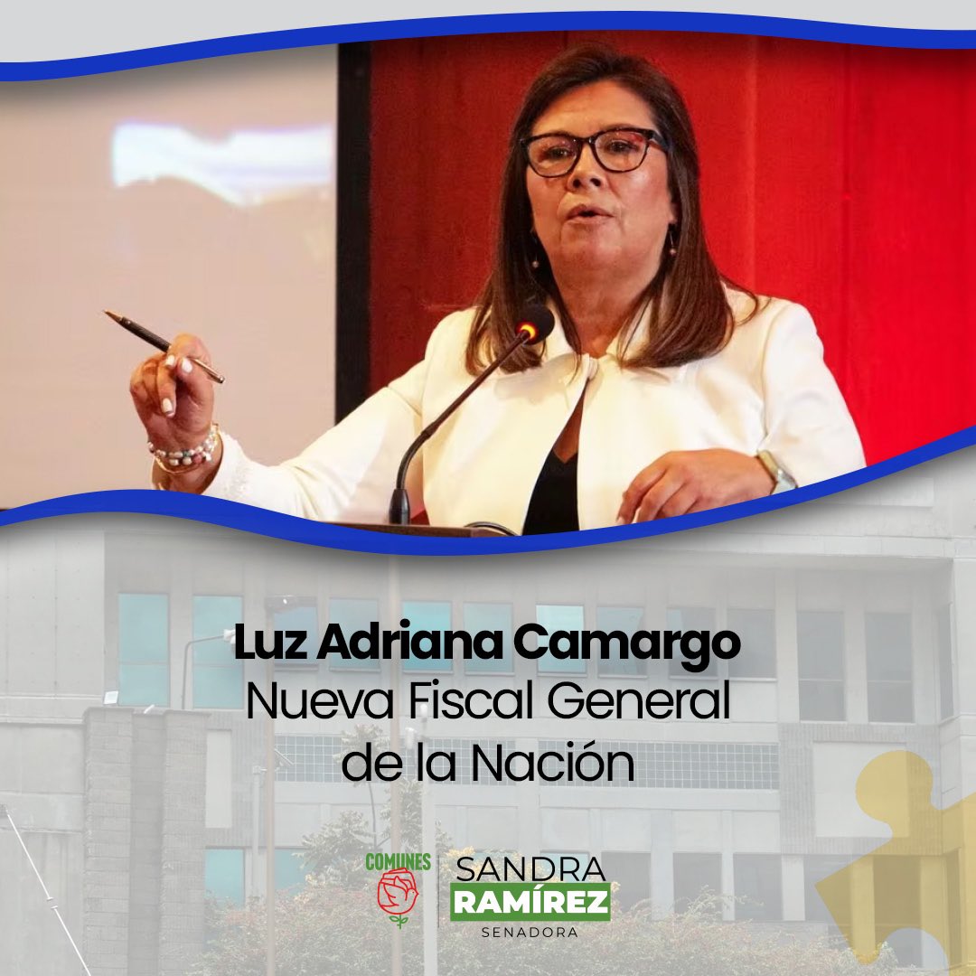 SandraComunes's tweet photo. Colombia tiene nueva Fiscal General de la Nación. 

Luz Adriana Camargo, fue elegida hoy con 18 votos por la Corte Suprema de Justicia. 

Le deseamos los mejores éxitos y que su conocimiento y experiencia siempre estén en disposición de garantizar justicia en el país. https://t.co/eP8lMRsCd3