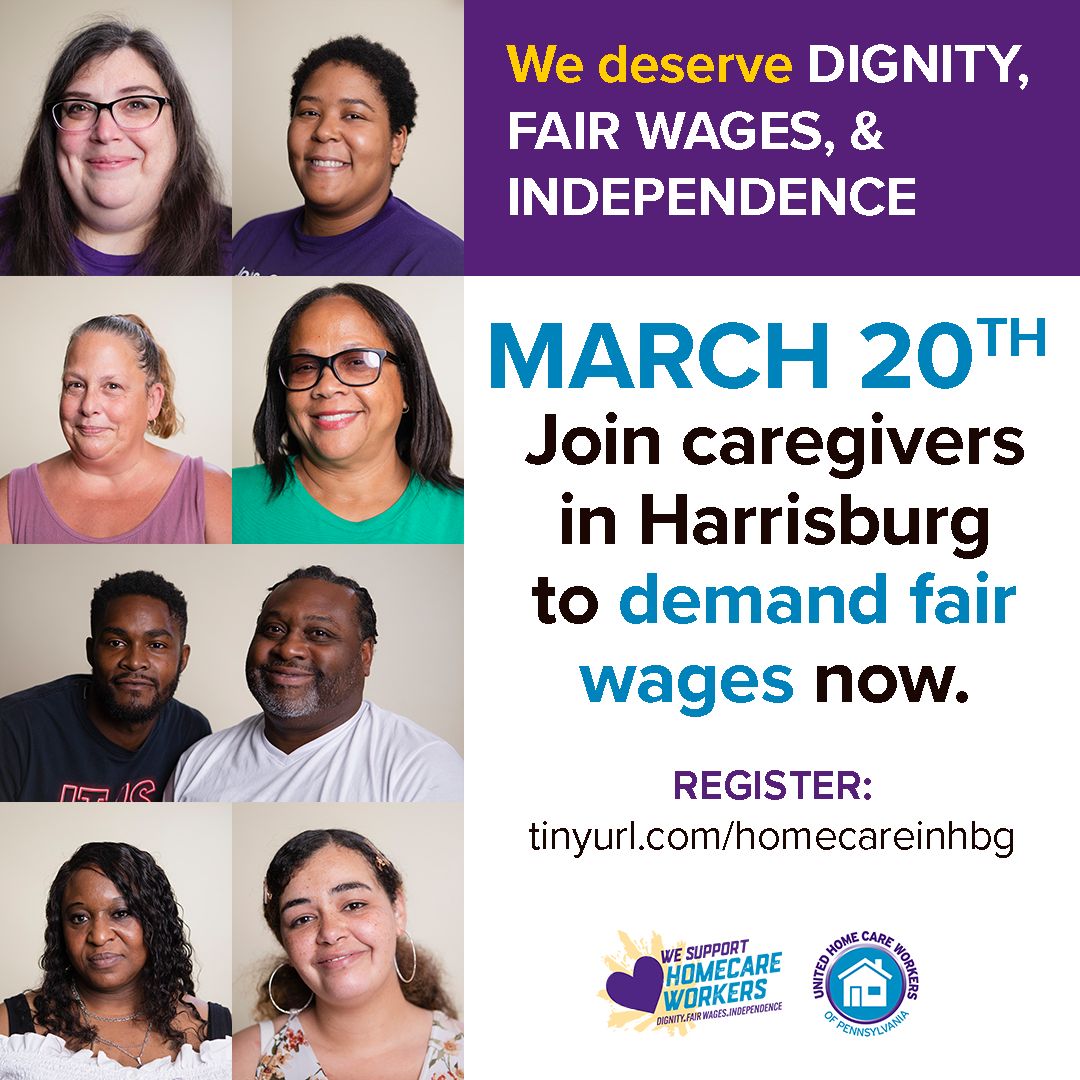 HOME CARE WORKERS: Register to join us in Harrisburg on March 20th to talk to legislators and fight for livable wages for caregivers. We don't have to wait. We can win $15 (and a path to $20) an hour NOW #CareOverProfits Register for March 20th: buff.ly/49QQAyA