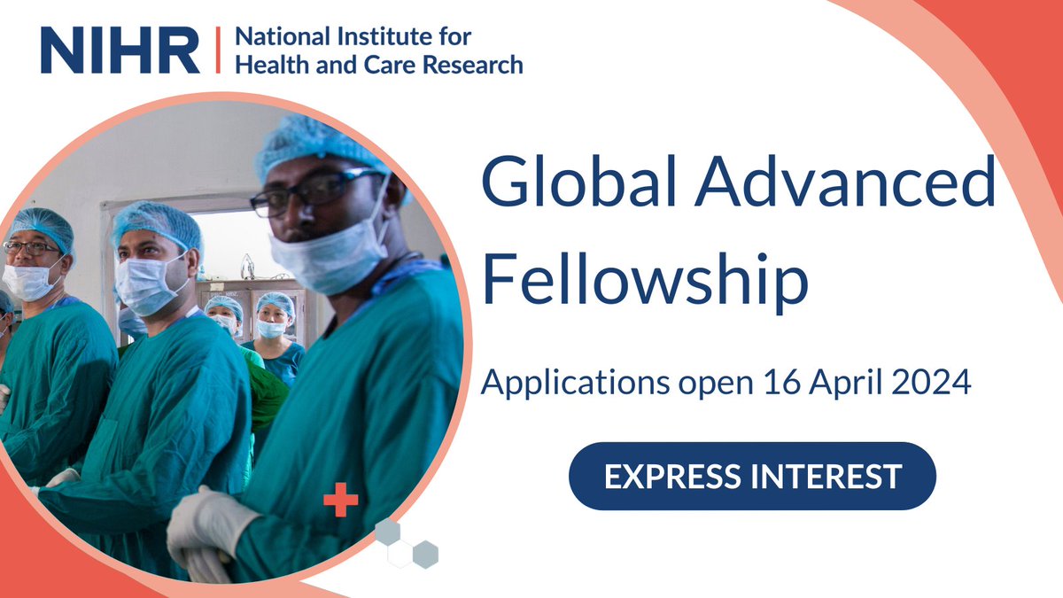 This £750,000 #GlobalAdvancedFellowship will fund: 1️⃣ A research project 2️⃣ Training and development 3️⃣ Institutional capacity strengthening The award is for post-doctoral researchers at all levels Express an interest in applying to the scheme: nihr.ac.uk/funding/nihr-g…