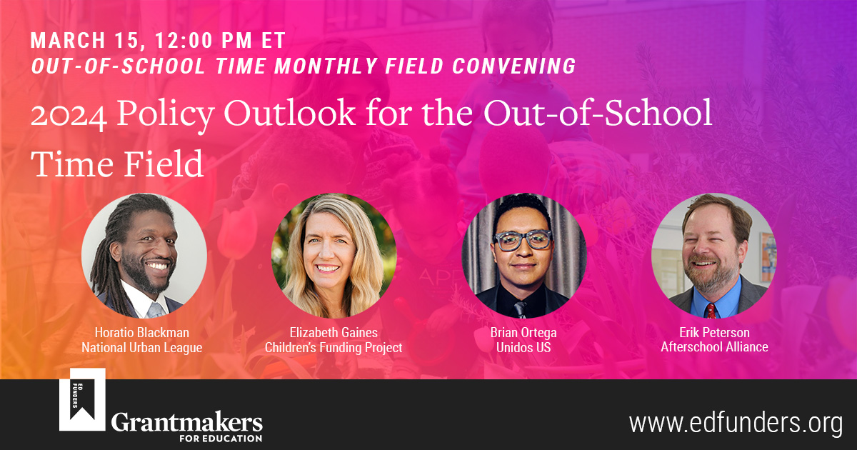 Join @Edfunders on March 15 at noon ET for a glimpse at the 2024 policy outlook for the out-of-school time community. Our CEO @elizgaines will share what we're watching for and strategies for how the field can engage in key policy goals. ow.ly/qxsr50QMYrL